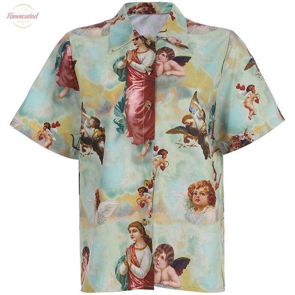 

harajuku women button down blouse short sleeve shirt vintage angel print short sleeve summer casual beach lady shirts female clothes, White