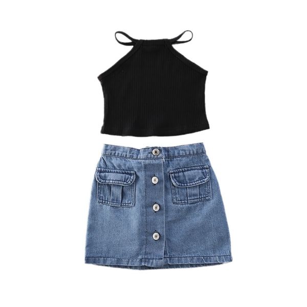 

summer toddler kids baby girl sleeveless shirt denim skirts outfits set 2pcs t200707, White