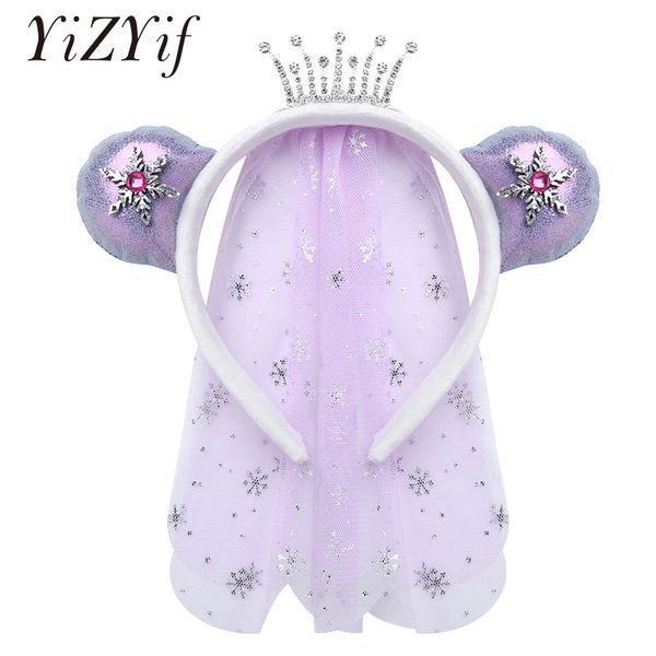 

crown hair hoop headwear snowflake crystal long mesh hairband carton animal ears hair accessories for girls kids cute headdress, Slivery;white