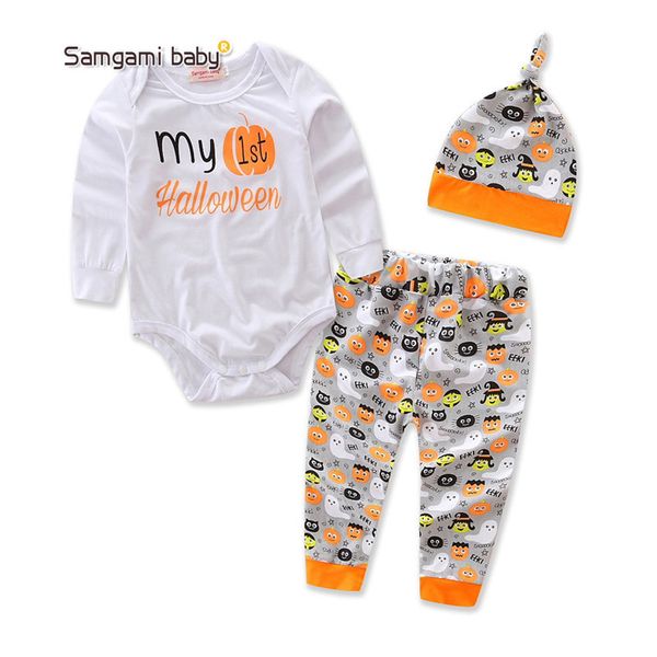 

infant baby cartoon suit toddler boy girls halloween theme clothing kids clothing girls letter romper printed pants hat suit 06, White