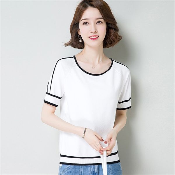 

2020 ice silk knitted short-sleeved - women's thin half-sleeved shirt black and white striped base shirt fashionable t
