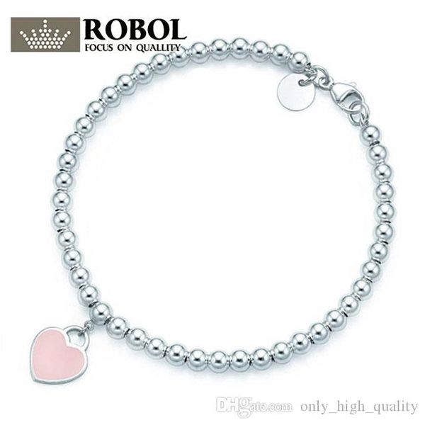 

original 925 silver standard multi length choice, pink heart-shaped round bead bracelet is suitable for women in social occasions, Golden;silver