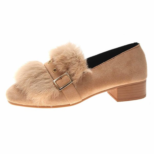 

fashion women low heels shoes real fur winter pumps slip on belt buckle mules and clogs ladies block heel shoes p307, Black