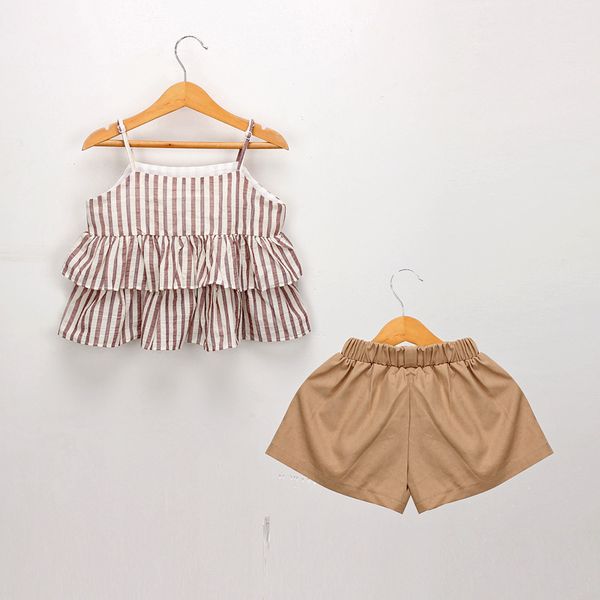 

2019 summer girls stripe suspender suits 2pcs set ruffle shirt+dress short cute baby outfits kids clothing sets children boutique clothes, White