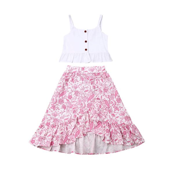 

sweet kids girl clothes sling ruffle vest flower dress outfits set children set clothing girls clothes fashion summer sets, White