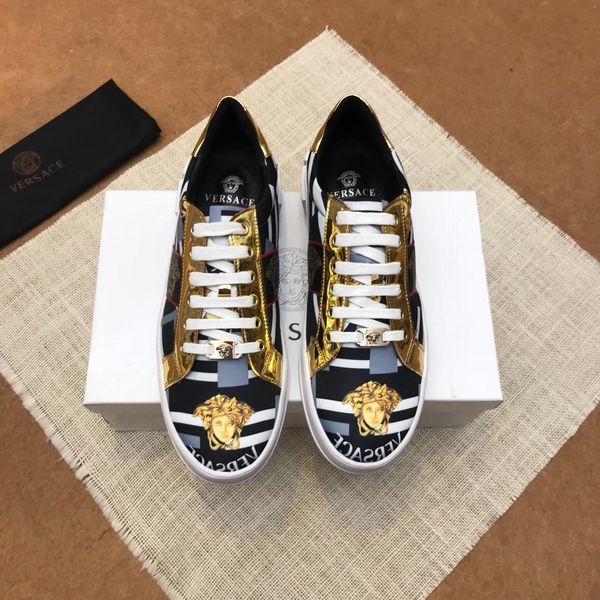 

classic style luxury men's casual shoes fashion brand design men's shoes three platform classic retro medusa pattern gold trim ndt, Black