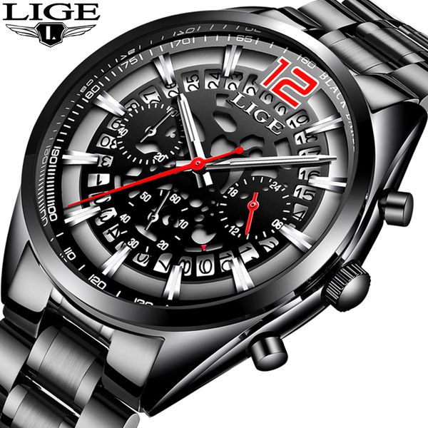 

2019 lige fashion mens watches stainless steel sport chronograph quartz watch men black watch relogio masculino, Slivery;brown