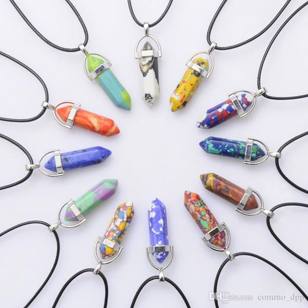 

luxury natural quartz stone necklaces crystal hexagonal prism bullet point pendant with leather rope chains for women men fashion jewelry, Silver