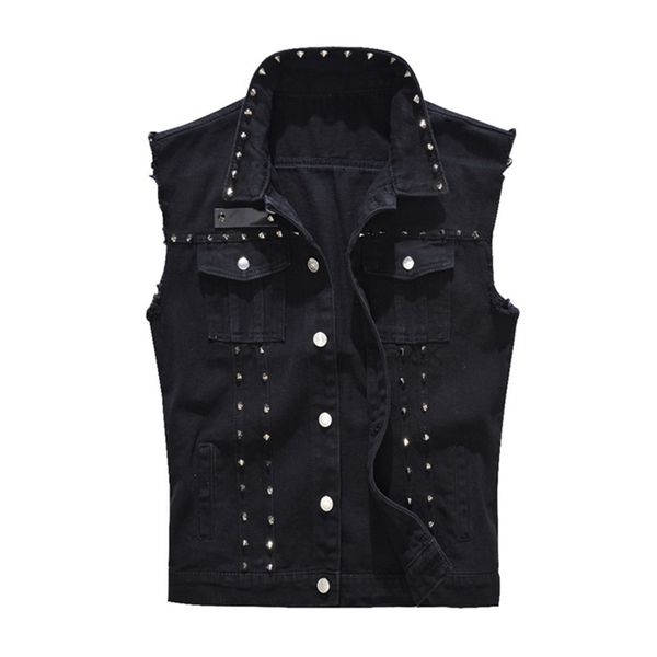 

litthing men denim black jeans vest coat sleeveless rivet jacket spring casual male streetwear cowboy pocketed waistcoat jackets, Black;brown