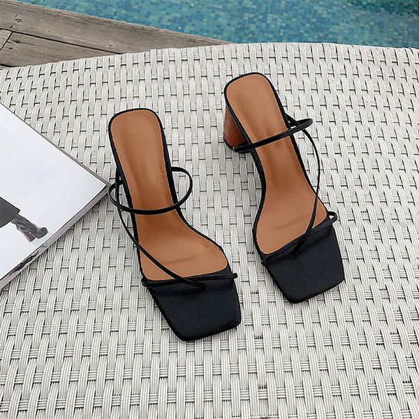 

women square toe flip flop slippers woman square mid heels female narrow band shoes ladies party slides women's mules, Black