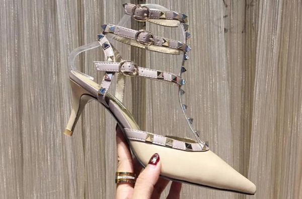 

5a 3 straps 6502190 sheepskin leather studs 6.5cm heel sandals shoes,ankle strap,adjustable buckle closure,size 34-42,dhl ing, Black