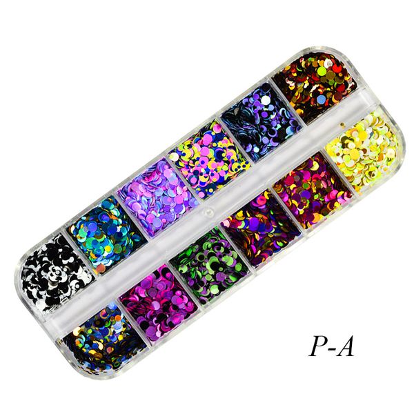 

1 set 12 grid nail sequins mixed 3d glitter round diy flake nail art decor tool h7jp, Black