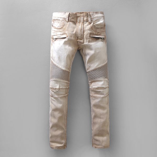 

мужские джинсы designer light khaki high street fashion brand джинсовые брюки стрейч fold тонкий карандаш штаны мотоциклетные штаны, Blue