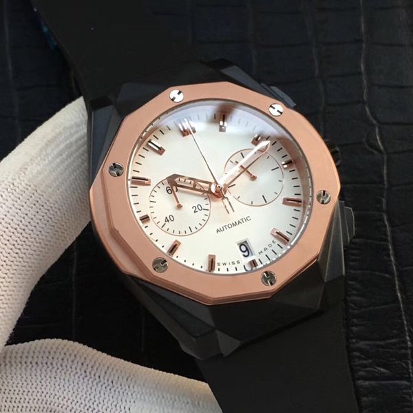 

mens watch vk quartz electronic movement 316 stainless steel case mineral glass mirror rubber strap auto date 44mm 13mm with box a1-1, Slivery;brown