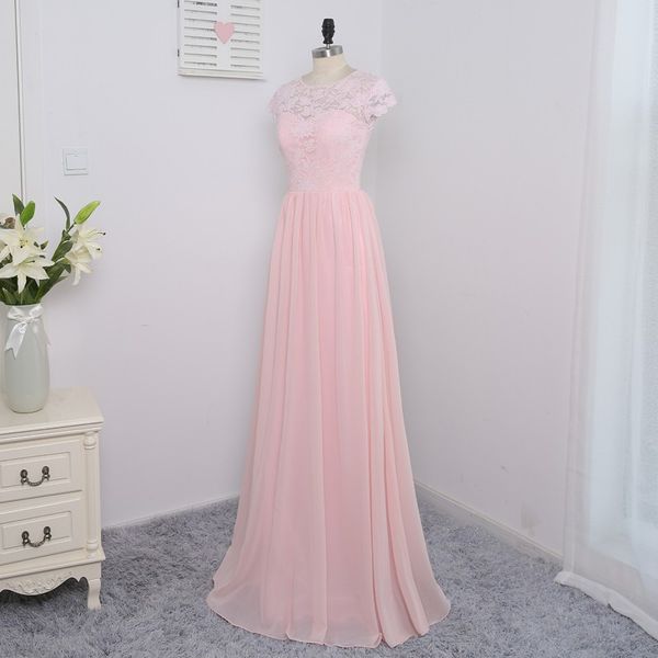 

2019 pink sheer cap sleeves bridesmaid dresses a-line chiffon and lace long floor length maid of honor gowns for weddings guest, White;pink