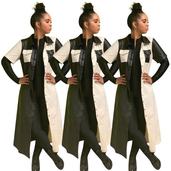 

colors spliced women pu trench coats 2020 latest short sleeves turn down neck single-breasted pockets fashion lady long coats s, Tan;black