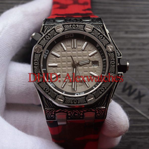 

luxury watch montre de luxe carved bezel 46mm 316l steel case camouflage rubber band watches mechanical automatic wristwatches reloj de lujo, Slivery;brown