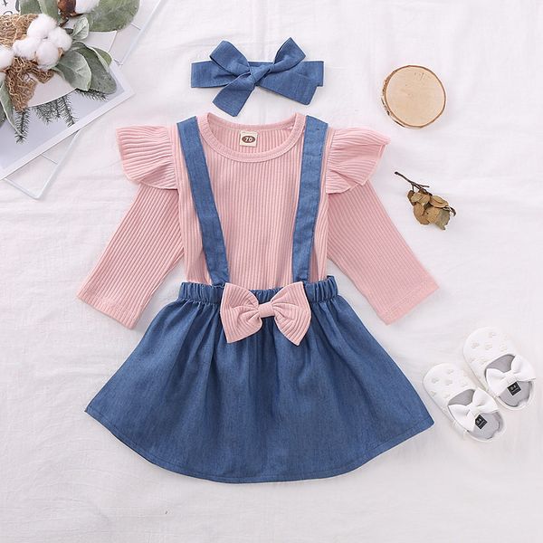 

3 pcs kids girls clothes sets long sleeve outfits solid t-shirt+strap skirt with headband spring toddler girl clothes set 2019, White