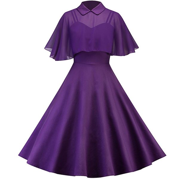 

Vintage Hepburn Pin Up Spring Women Dress Chiffon Cape Retro Party Dress Vestidos Peter Pan Collar Cloak Sleeve A -Line Dress