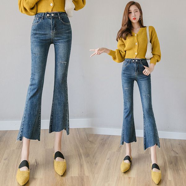 

clipping design feeling restoring ancient ways ankle burrs holes cowboy flares female show thin bootleg pants nine, Blue