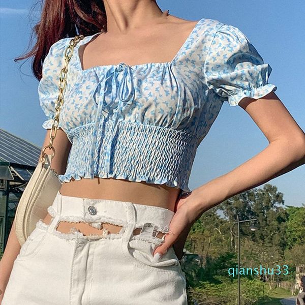 

wholesale-women summer puff sleeve t-shirt sweet butterfly printed square neck tie up crop shirred ruffles harajuku tee, White;black