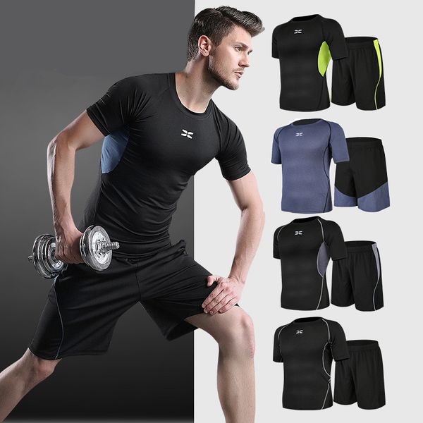 

2 pieces / set men's quick-drying compression sportswear gym fitness training suit track and field running sportswear fitness, Black;blue