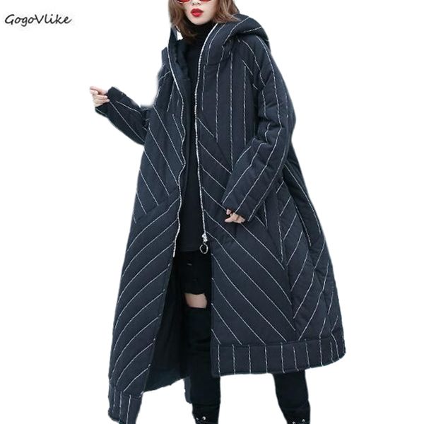 

2019 winter cotton harajuku bf loose hooded padded long winter jacket women streetwear fashion striped coat women lt117s30, Black