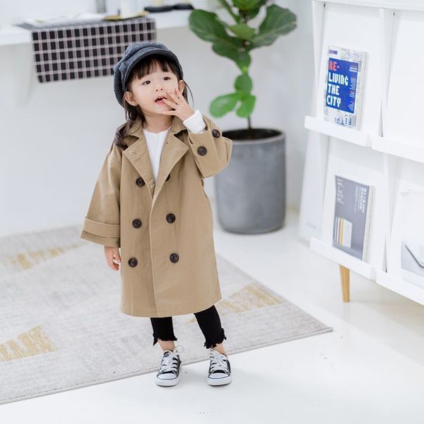 

Kids Long Outerwear&Coats For Boys Girls New Fashion Autumn Khaki Solid Children Windbreaker Double-breasted Baby Trench