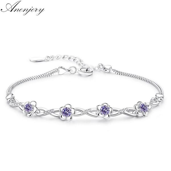 

anenjery 925 sterling silver bracelets purple white zircon plum flower bracelets & bangles for women pulseira s-b51, Black