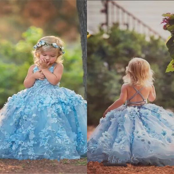 

cute 2020 new flower girls dresses for wedding multilayer sleeveless spaghetti kids formal wear applique floor length girl' pegeant dr, White;blue