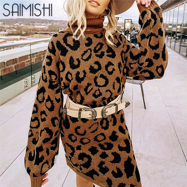 

saimishi leopard print women turtleneck long sweaters ladies knitted long sleeve pullovers winter loose casual female jumper, White;black