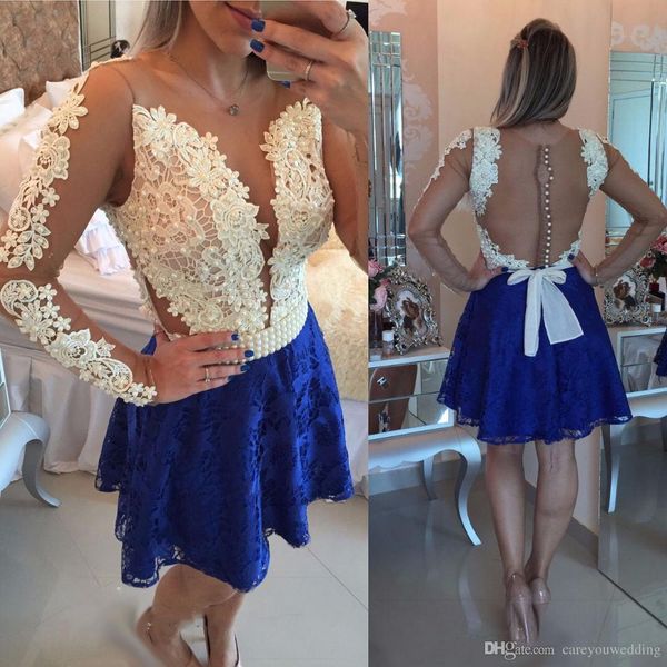 

2019 summer royal blue ivory a line lace homecoming dresses long sleeves appliques cocktail party graduation short prom dresses cheap, Blue;pink