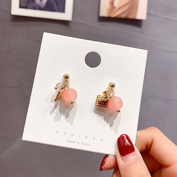 

temperament sweet pink beads geometry pendant silver needle earrings korean fashion simple women girl jewelry accessories, Golden;silver