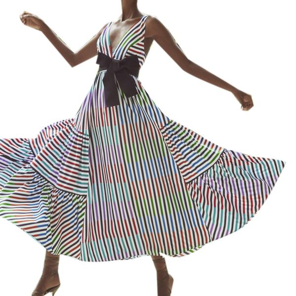 

casual dresses women summer dress ladies retro rainbow striped print loose long fashion strap, Black;gray