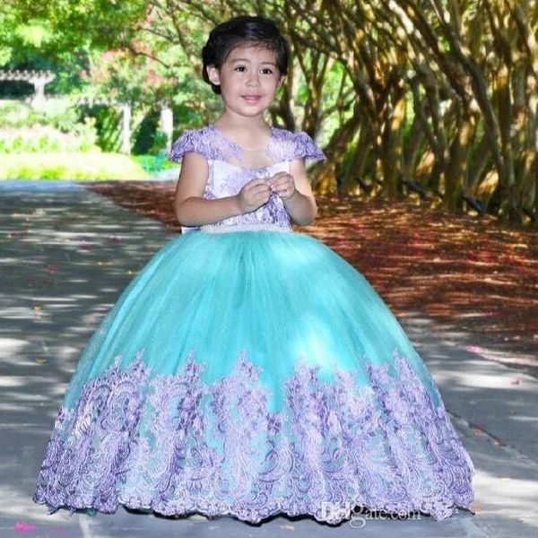 

жемчуг lace 2020 платье девушки цветка голубой мантии шарика тюль маленькая девочка свадебные платья в стиле ретро с коротким рукавом причас, White;blue