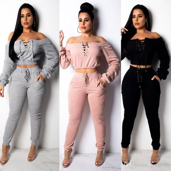 

women 2 piece outfits set spring fall long sleeve slash neck crop sweatshirts pockets pants legging trouser tracksuit clothing plus size, White