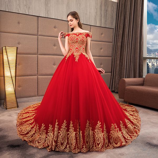 

vintage red and gold lace a-line wedding dresses off the shoulder lace-up back floor length long train princess backless bridal gowns, White