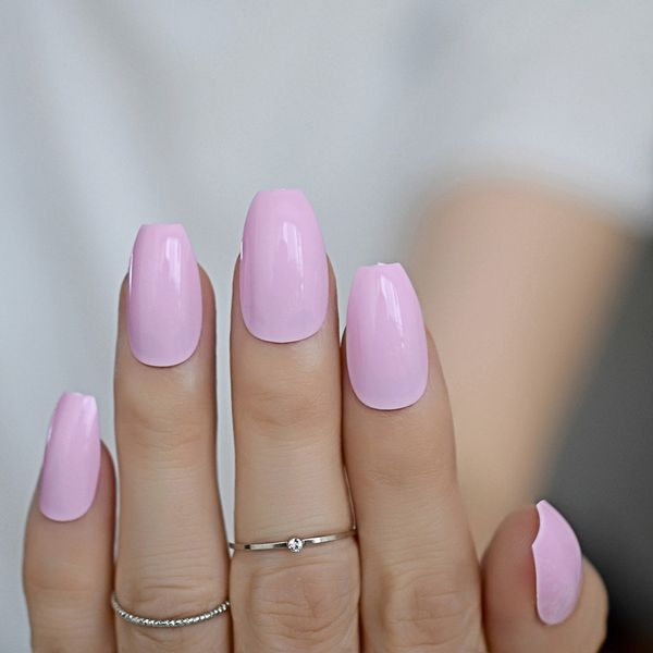 

false nails soft pink ballerina nail art tips fake coffin flat shape full cover beauty makeup women wear manicure decoration, Red;gold