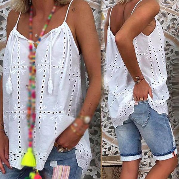 

women ladies blouse loose fashion drawstring camisole stylish spaghetti strap plus size, White