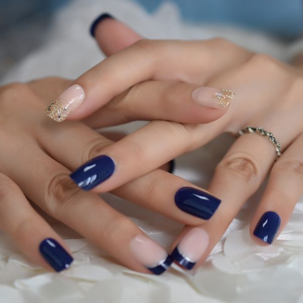 

fashion shimmer gitter nude french nail tips false nails uv gel deep blue artificial full press on fake nail salon decorated, Red;gold