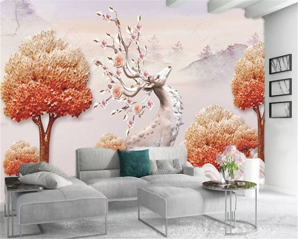 Personalizado papel de parede 3D paisagem de sonho Floresta Red Sika Home Decor Sala Quarto Wallcovering Wallpaper HD