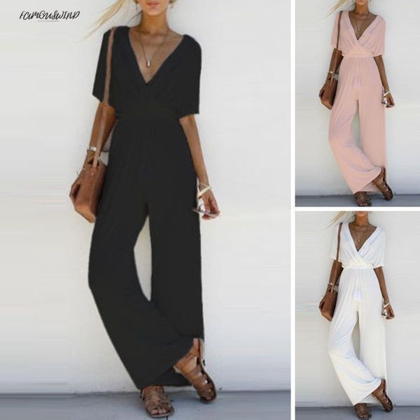 

streetwear 2019 canis long black rompers womens jumpsuit summer slim v-neck embellished cuffs romper mesh loose club pants, Black;white