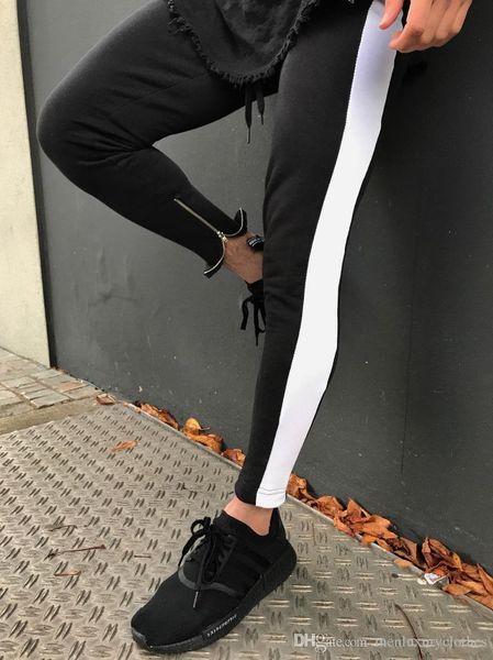 

high street jeans mens clothes black with white striped elastic jeans pants zipper designer, Blue