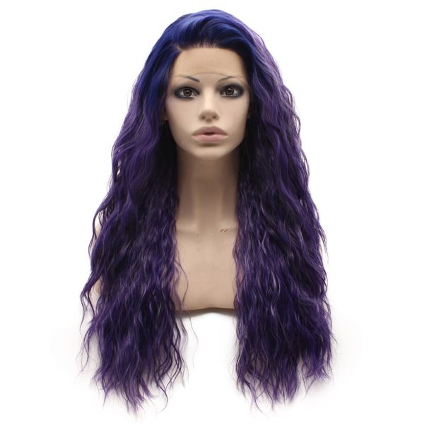 Длинные вьющиеся Кружева фронт Синтетический волос Dark Root Фиолетовый партии Cosplay Парик Термостойкое волокно