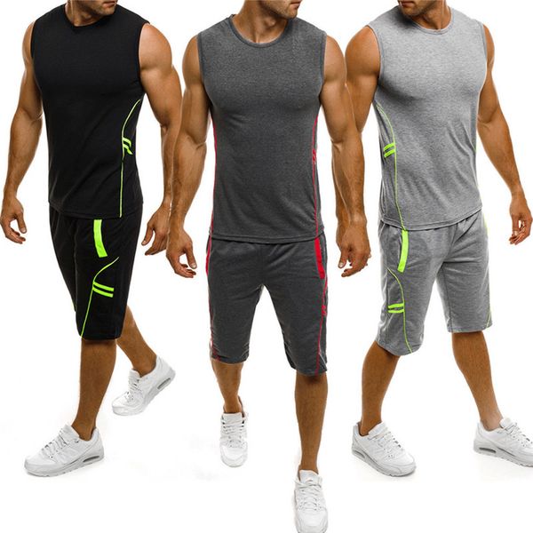 

2019 new style fashion men's sleeveless casual set summer slim patchwork casual o neck short sets, Gray