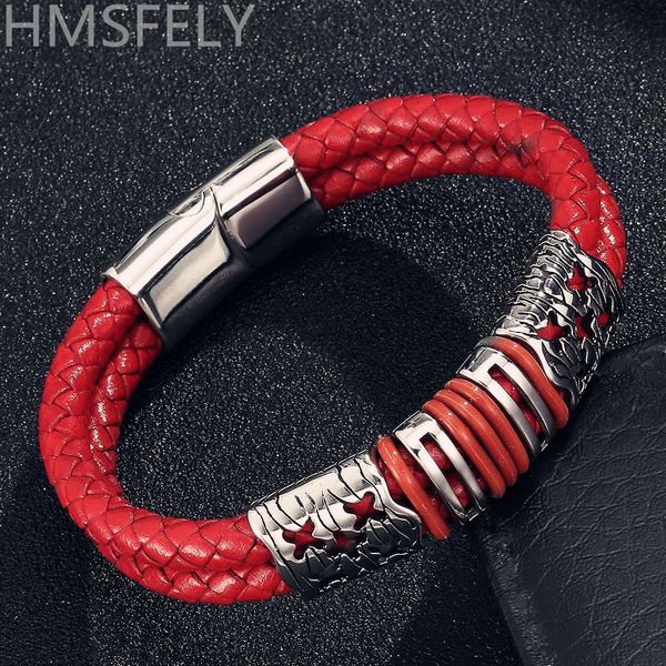 

hmsfely punk men jewelry black/brown braided leather bracelet stainless steel cross pattern magnetic clasp fashion bangles, White