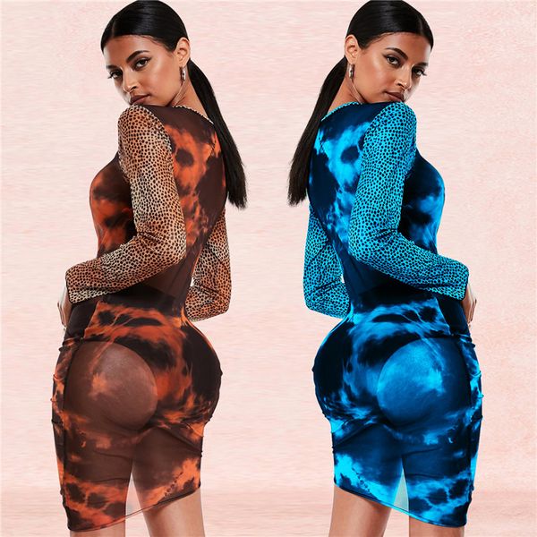 

галстук крашение женские платья сетка леопардовые панельные перспектива сексуальная тонкая асимметричная юбка с длинными рукавами bodycon мо, Black;gray