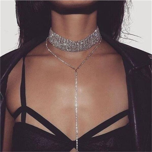 

luxury rhinestones bridal necklace jewelry shiny full drill chain wide neck chain necklace multi-drainage drill clavicle chain necklace set, White