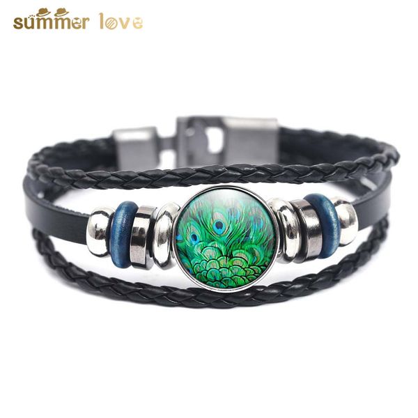 

amazon wish pot creative fashion peacock feather leather rope jewelry customized european and american retro pu bracelet, Golden;silver