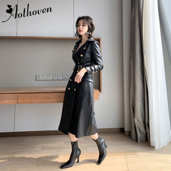 

women's trench coats 2021 spring and winter elegant women fashion trend lapel double-breasted pu leather long windbreaker jacket ladies, Tan;black